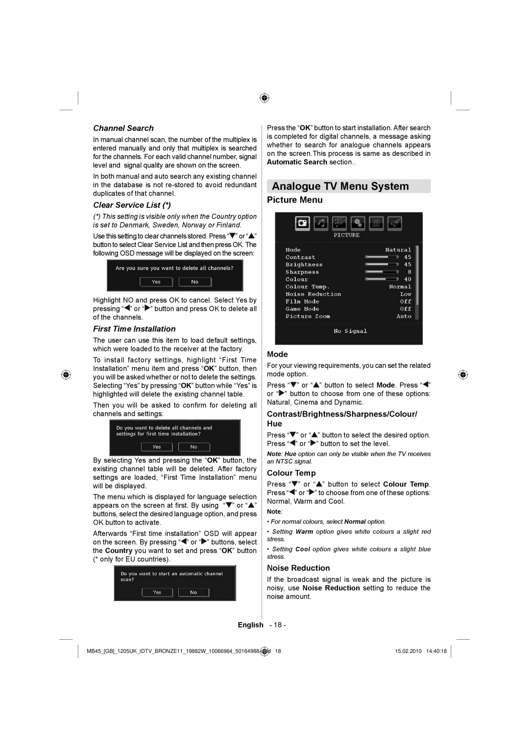 Technika LCD19-919 Analogue TV Menu System, Picture Menu, Channel Search, Clear Service List, First Time Installation 