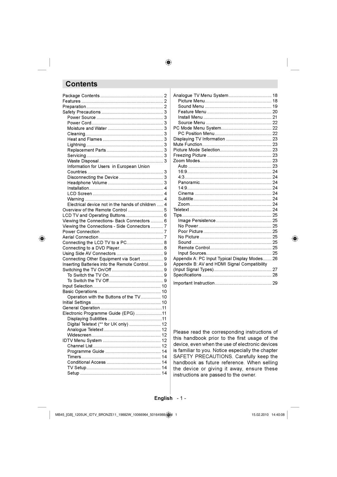 Technika LCD19-919 manual Contents 