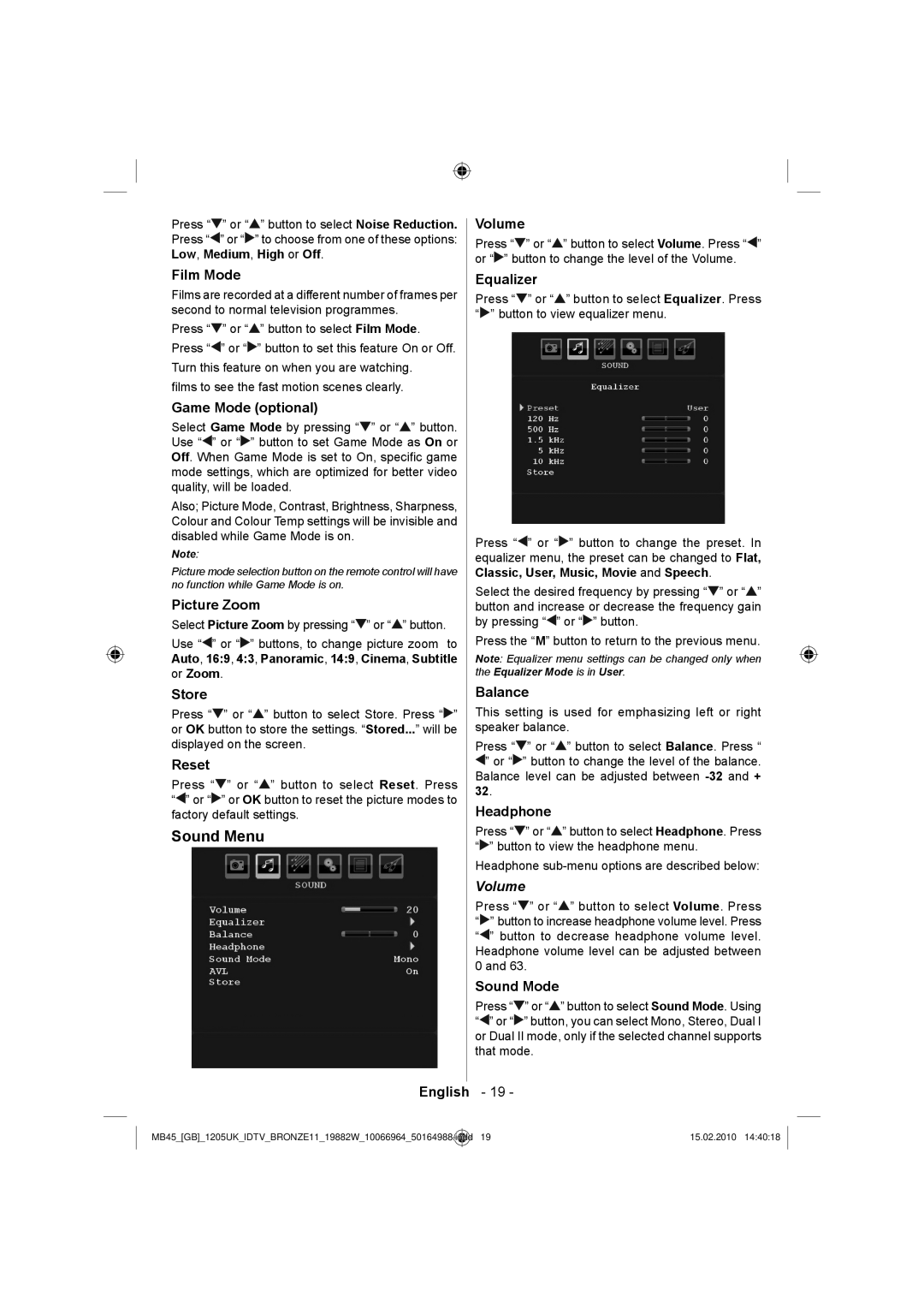 Technika LCD19-919 manual Sound Menu, Volume 