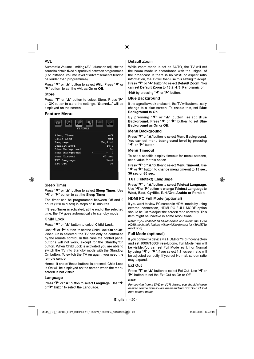 Technika LCD19-919 manual Feature Menu 