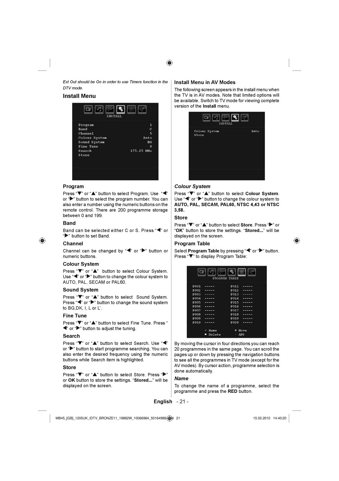 Technika LCD19-919 manual Install Menu, Colour System, Name 