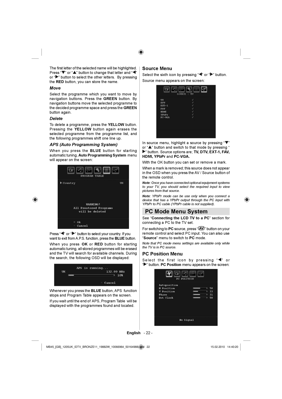 Technika LCD19-919 manual PC Mode Menu System, Source Menu, PC Position Menu 