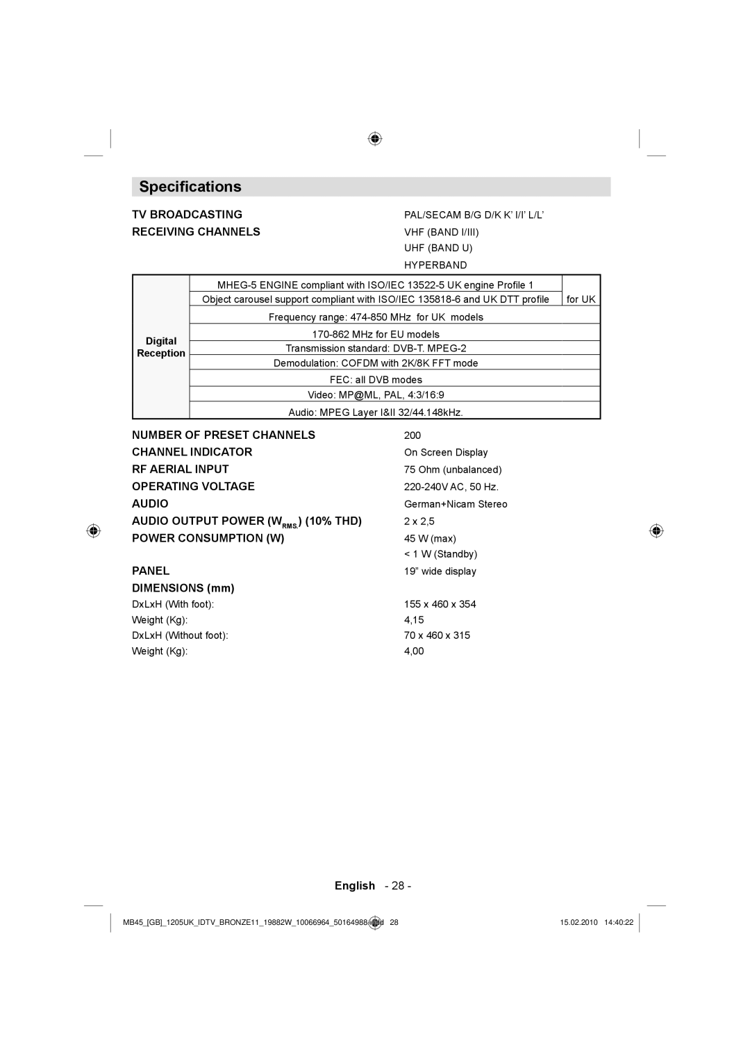 Technika LCD19-919 manual Speciﬁcations, Dimensions mm 