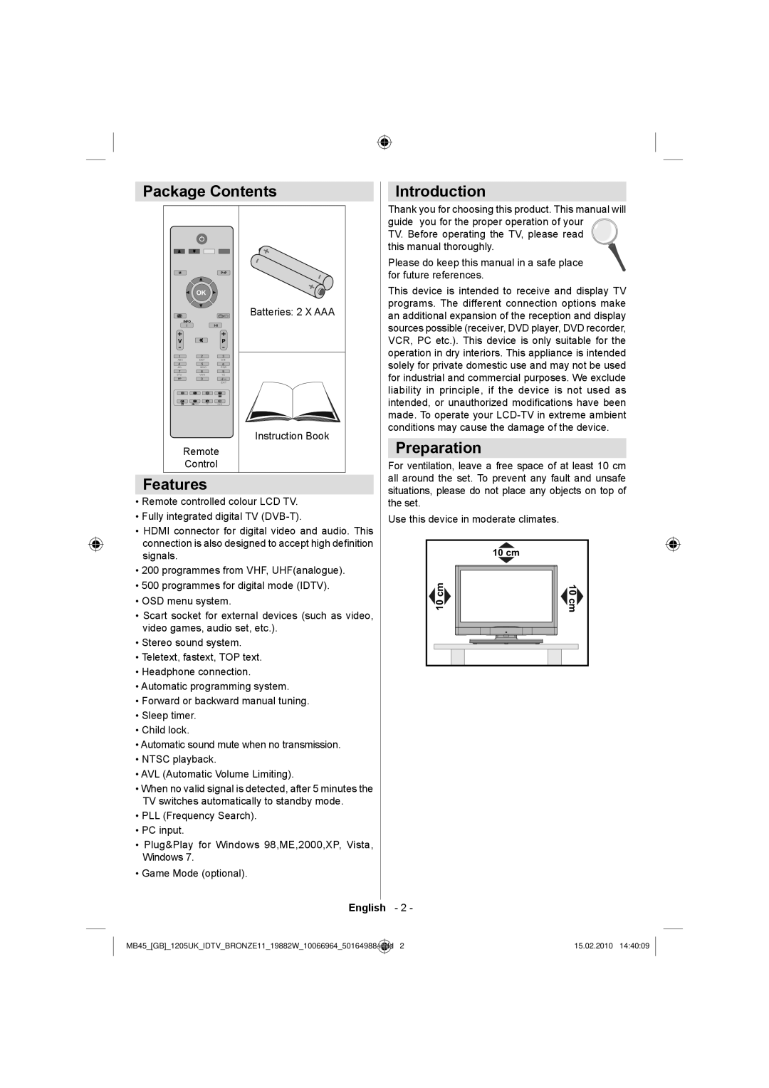 Technika LCD19-919 manual Package Contents, Features, Introduction, Preparation 