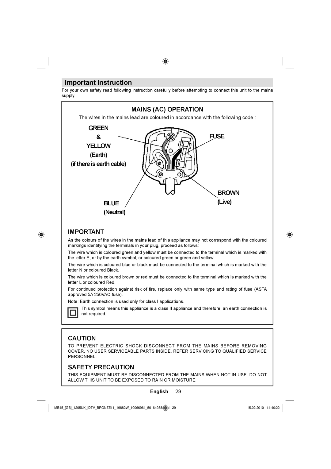 Technika LCD19-919 manual Important Instruction, Blue 