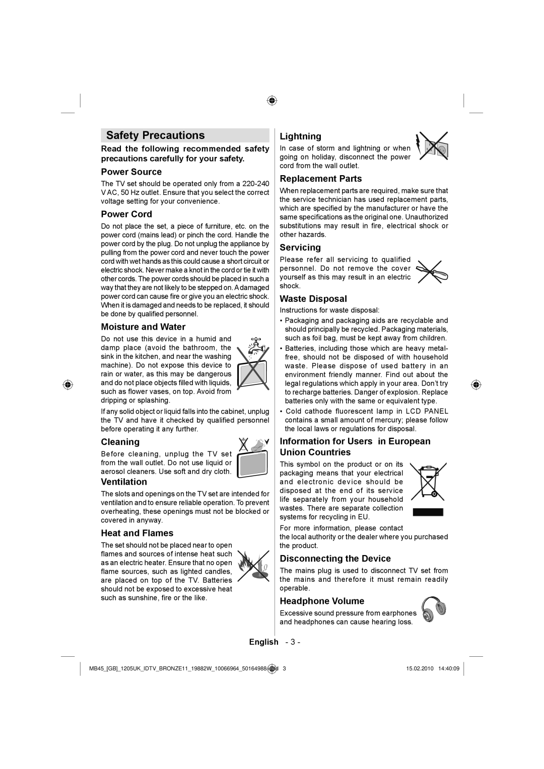 Technika LCD19-919 manual Safety Precautions 