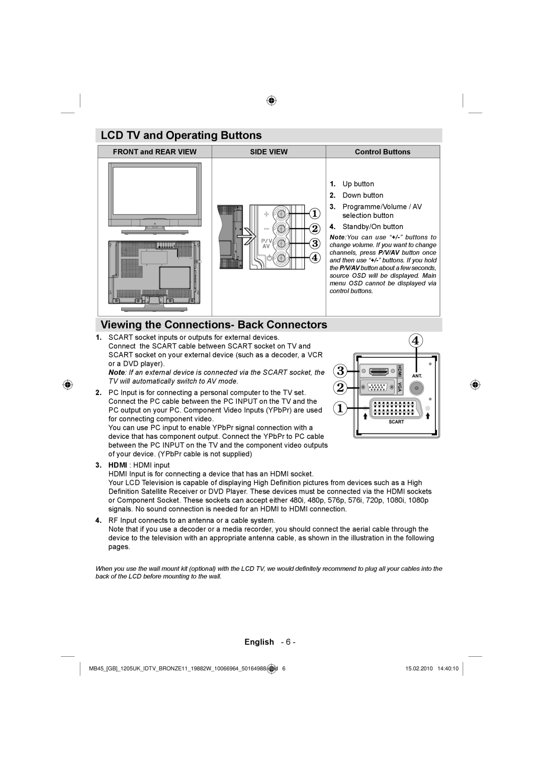 Technika LCD19-919 manual LCD TV and Operating Buttons, Viewing the Connections- Back Connectors 