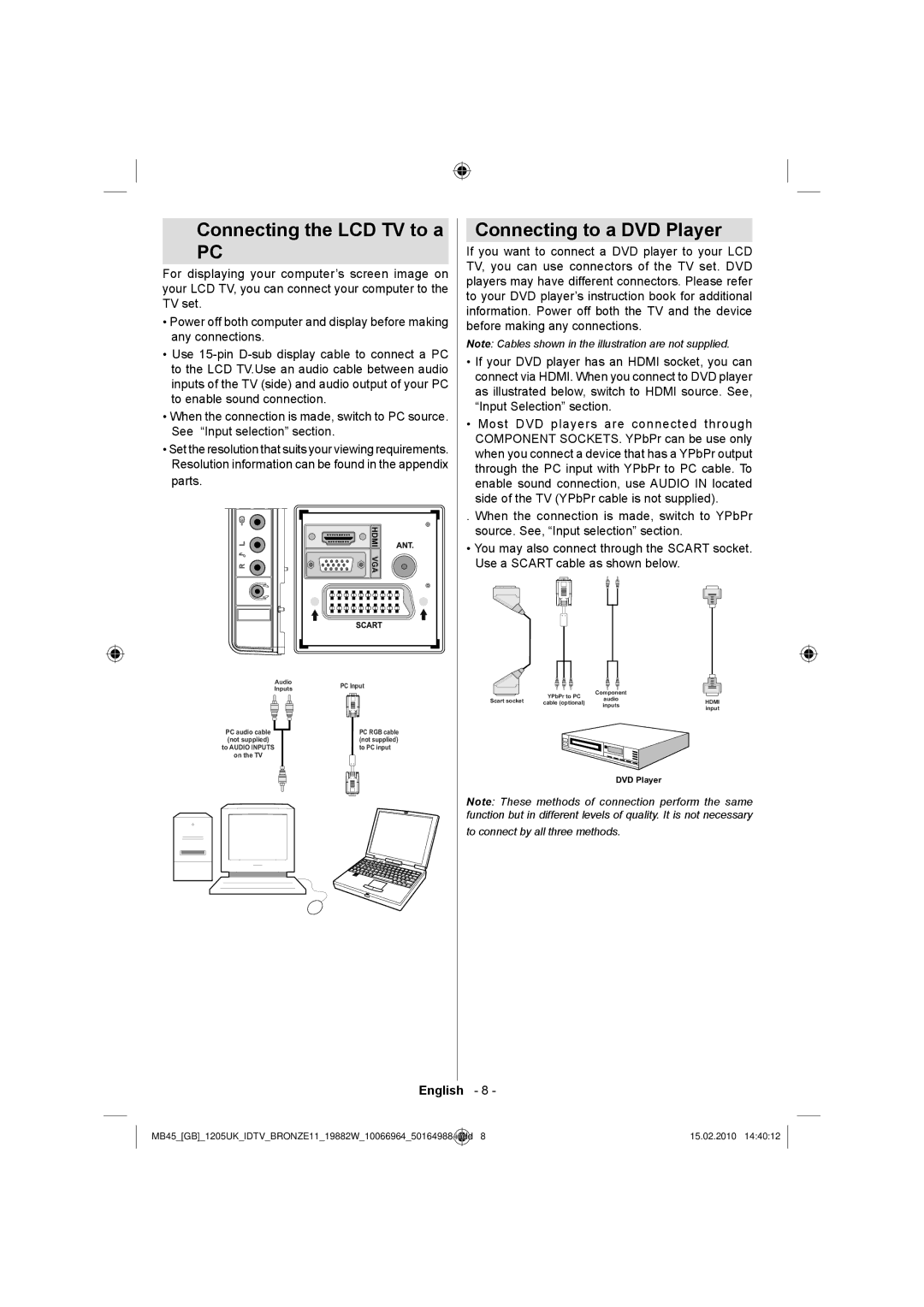 Technika LCD19-919 manual Connecting the LCD TV to a, Connecting to a DVD Player 