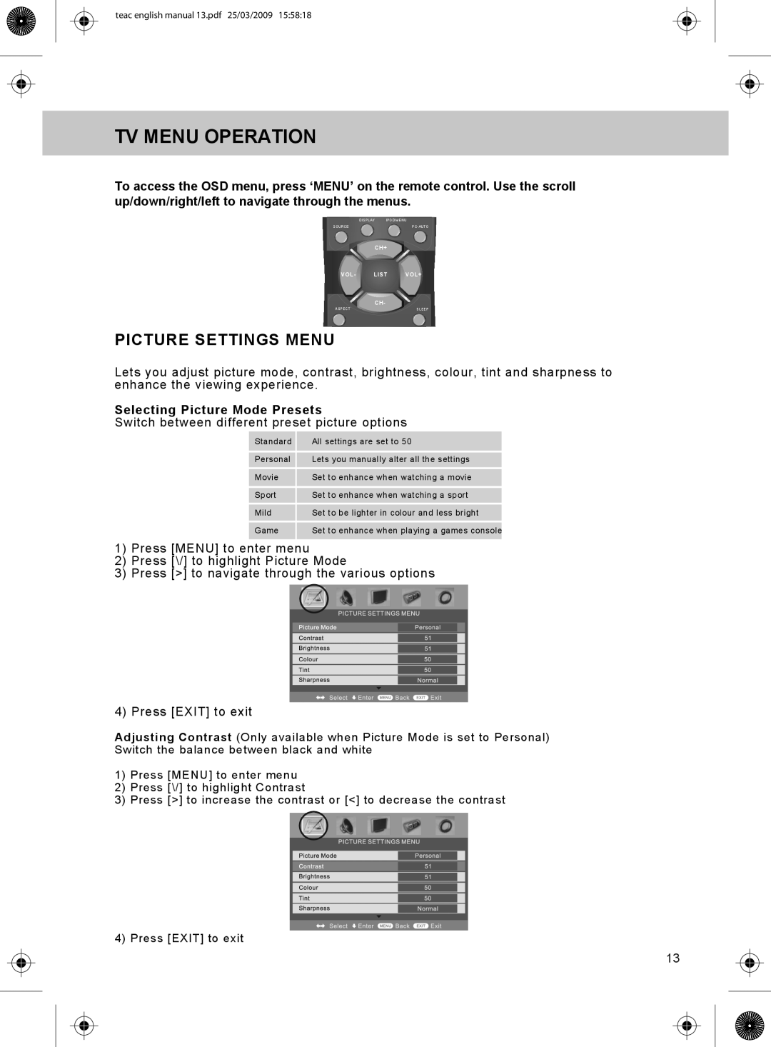 Technika LCD19W-219 manual TV Menu Operation, Picture Settings Menu, Selecting Picture Mode Presets 