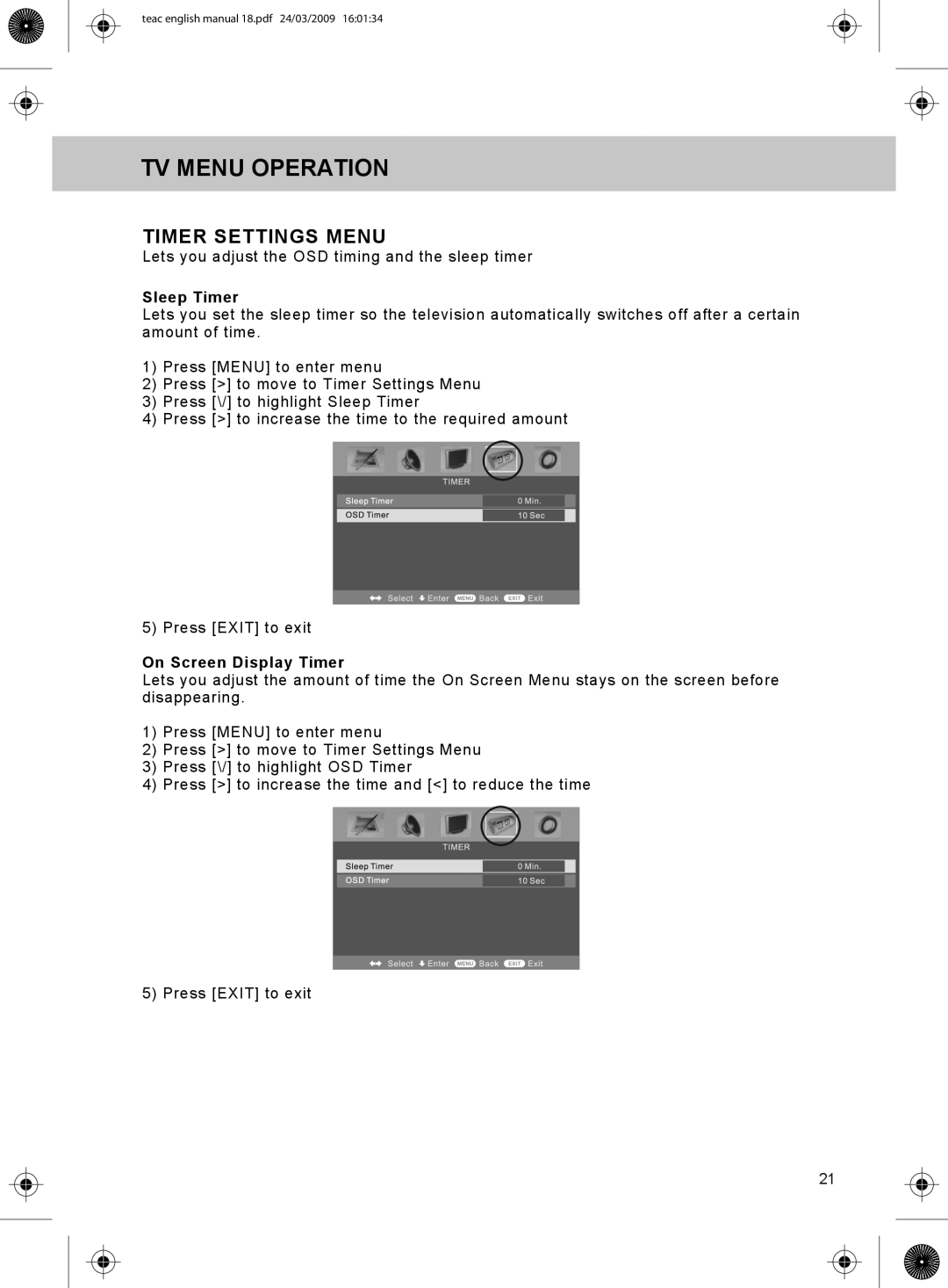 Technika LCD19W-219 manual Timer Settings Menu, Sleep Timer, On Screen Display Timer 