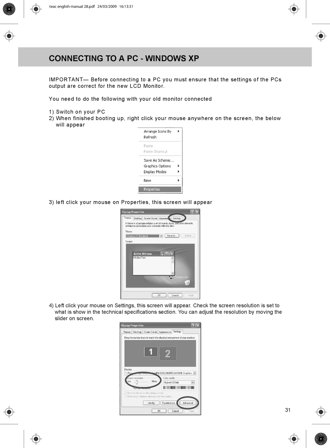 Technika LCD19W-219 manual Connecting to a PC Windows XP 