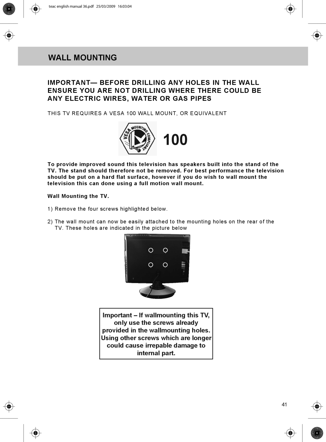 Technika LCD19W-219 manual 100, Wall Mounting 