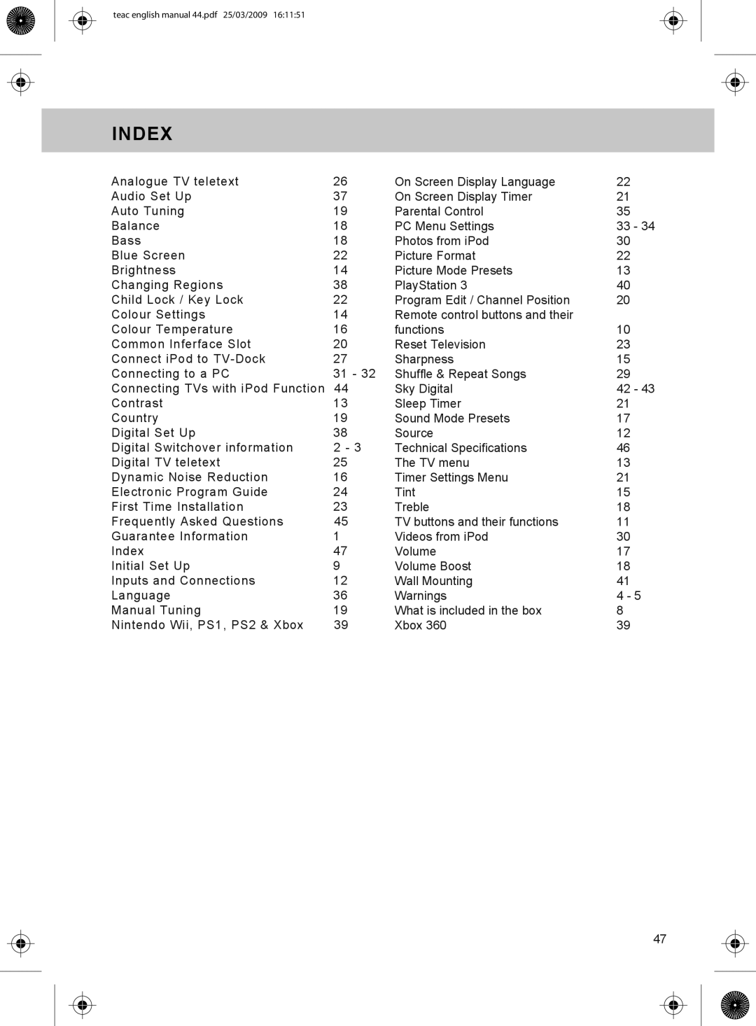 Technika LCD19W-219 manual Index 