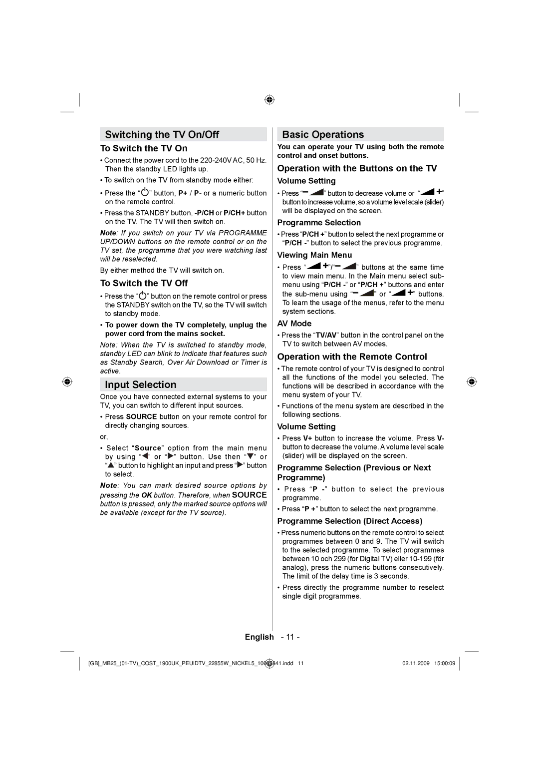 Technika LCD22-921 manual Switching the TV On/Off, Input Selection, Basic Operations 