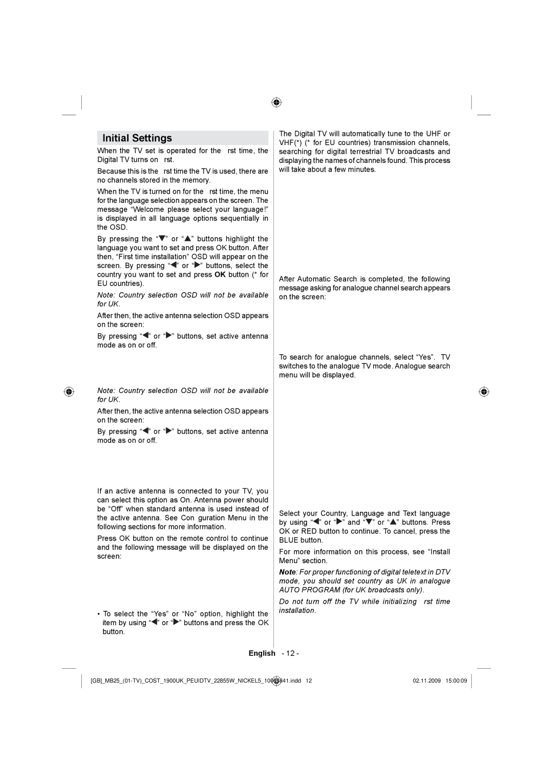 Technika LCD22-921 manual Initial Settings 