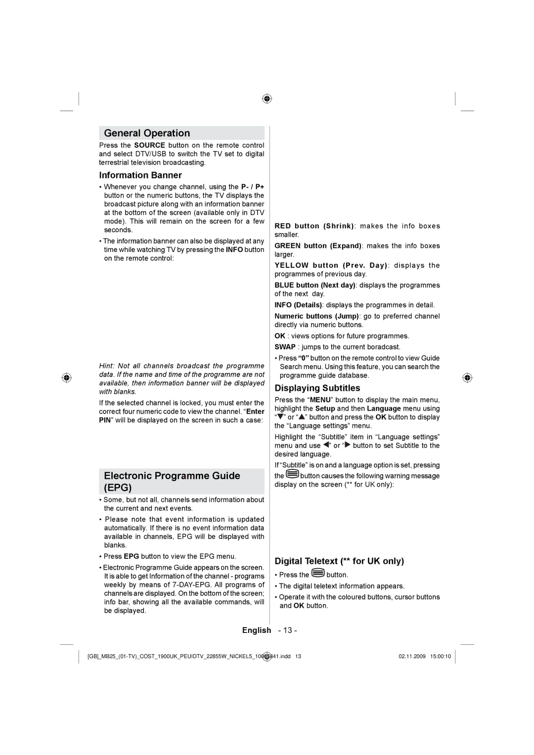 Technika LCD22-921 manual General Operation, Electronic Programme Guide, Information Banner, Displaying Subtitles 