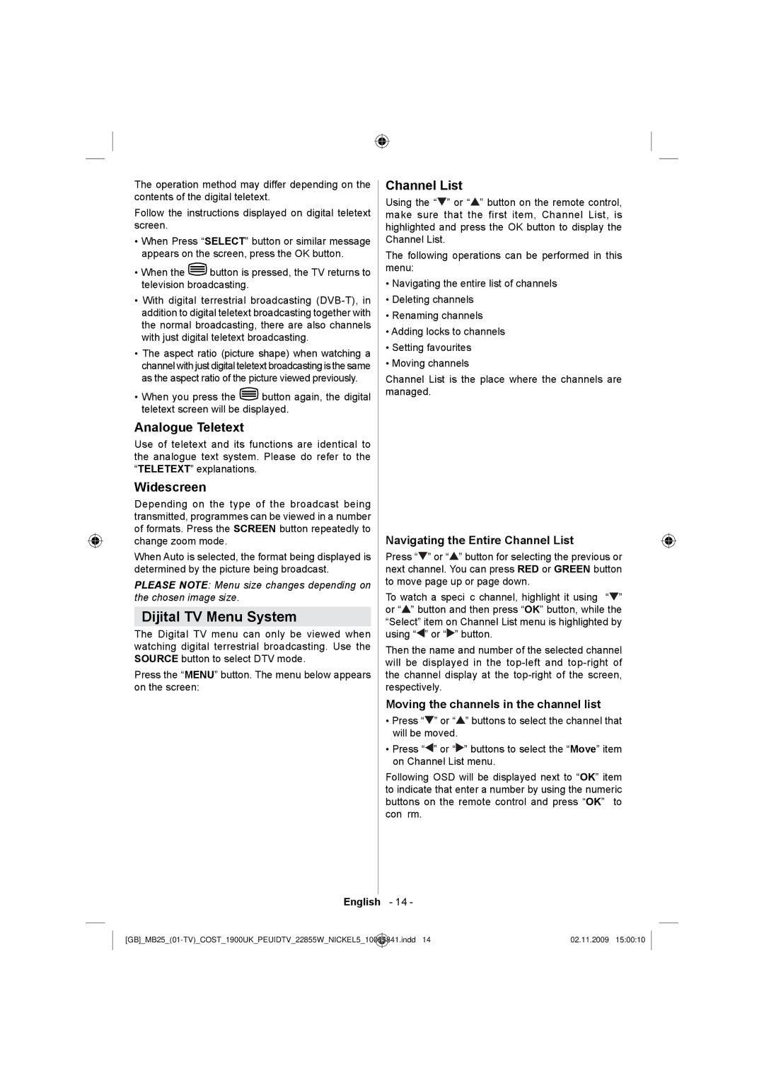 Technika LCD22-921 manual Dijital TV Menu System, Analogue Teletext, Widescreen, Channel List 