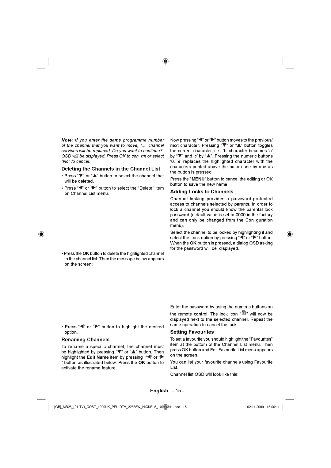 Technika LCD22-921 manual Deleting the Channels in the Channel List, Renaming Channels, Adding Locks to Channels 