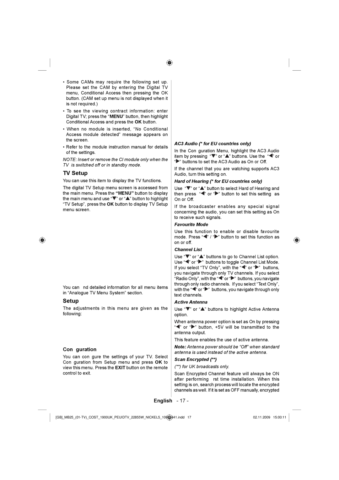 Technika LCD22-921 manual TV Setup, Conﬁguration 