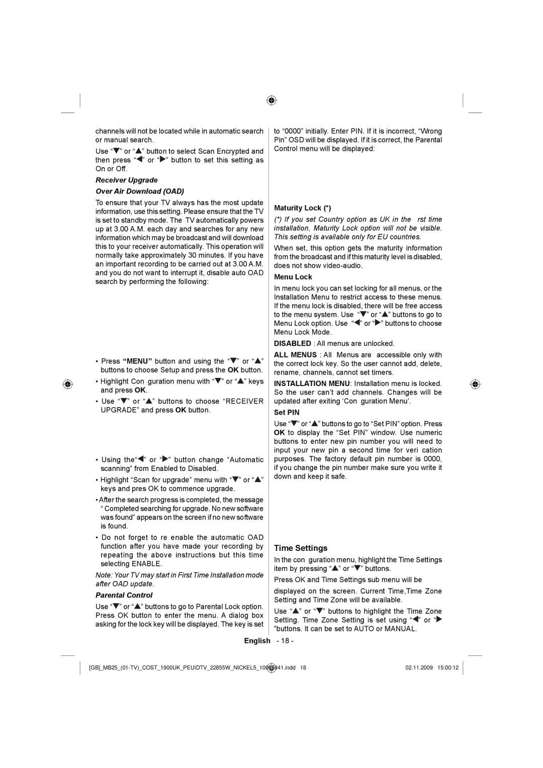 Technika LCD22-921 manual Time Settings, Receiver Upgrade Over Air Download OAD, Parental Control 