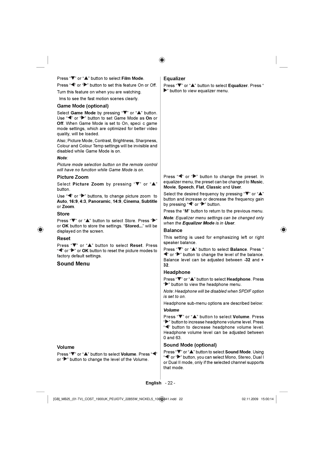 Technika LCD22-921 manual Sound Menu 