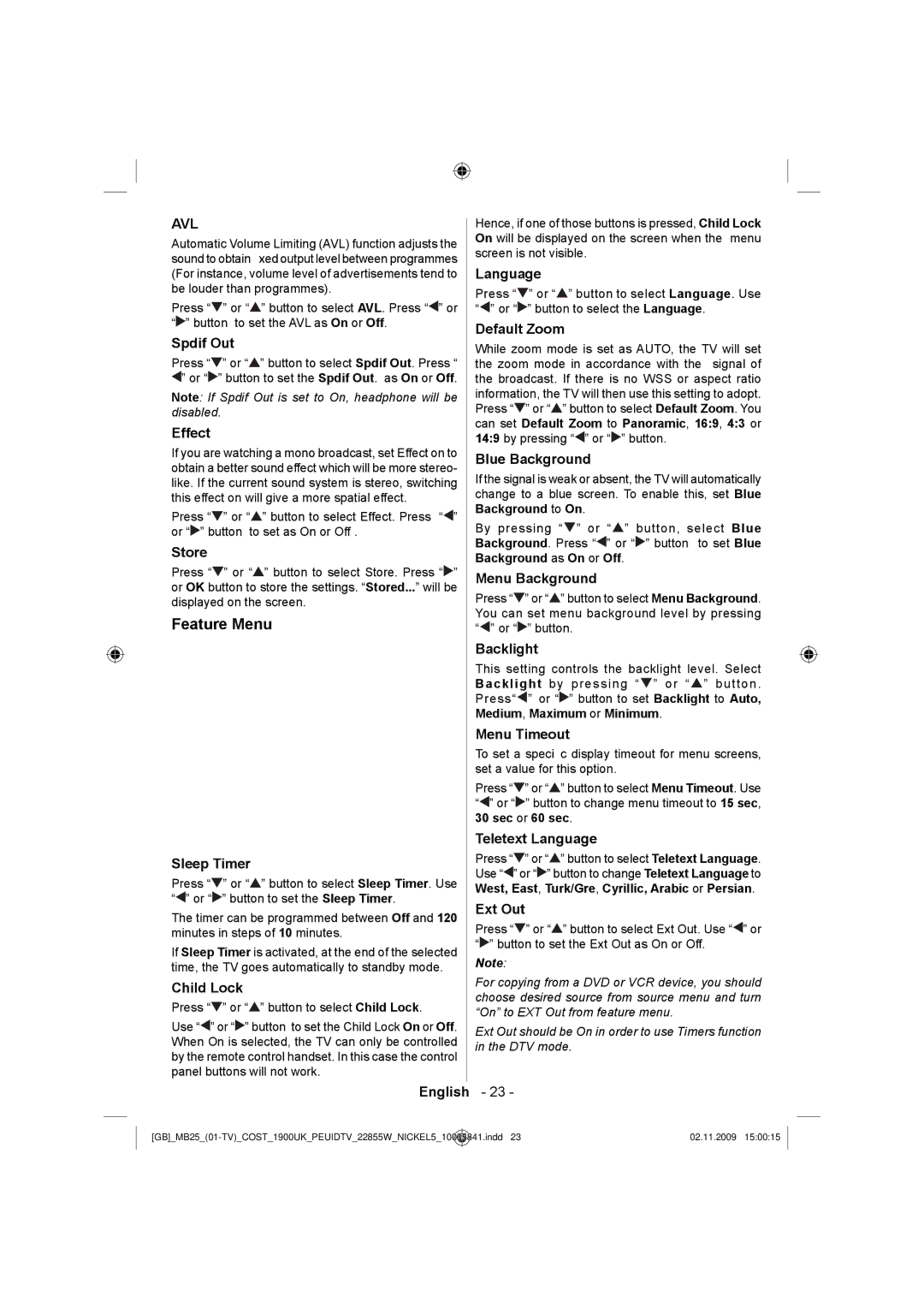 Technika LCD22-921 manual Feature Menu 