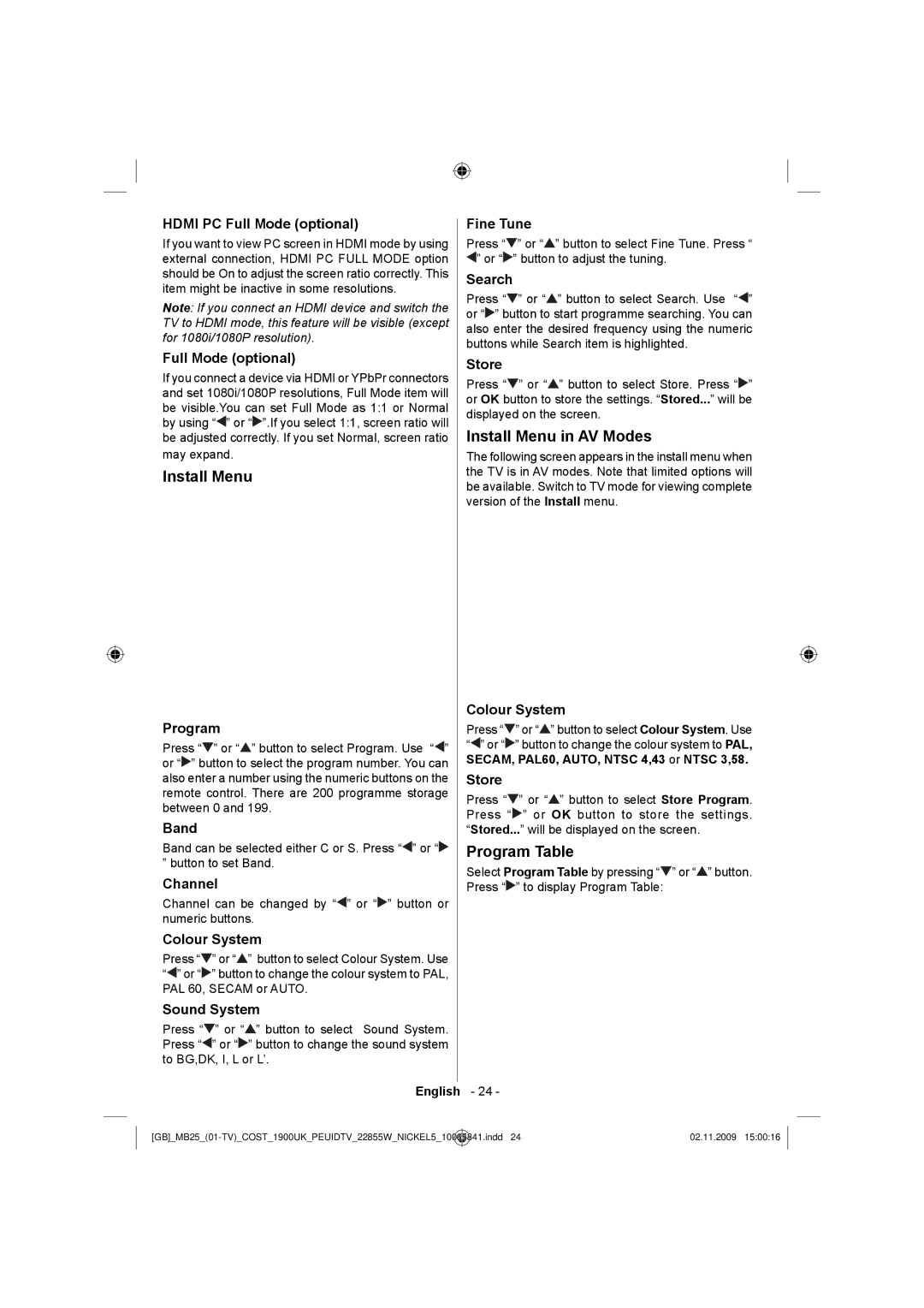 Technika LCD22-921 manual Install Menu in AV Modes, Program Table 