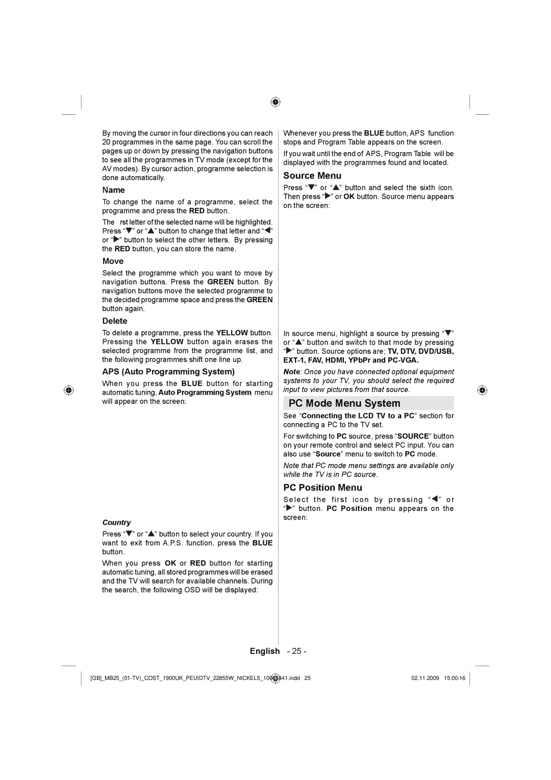 Technika LCD22-921 manual PC Mode Menu System, Source Menu, PC Position Menu 