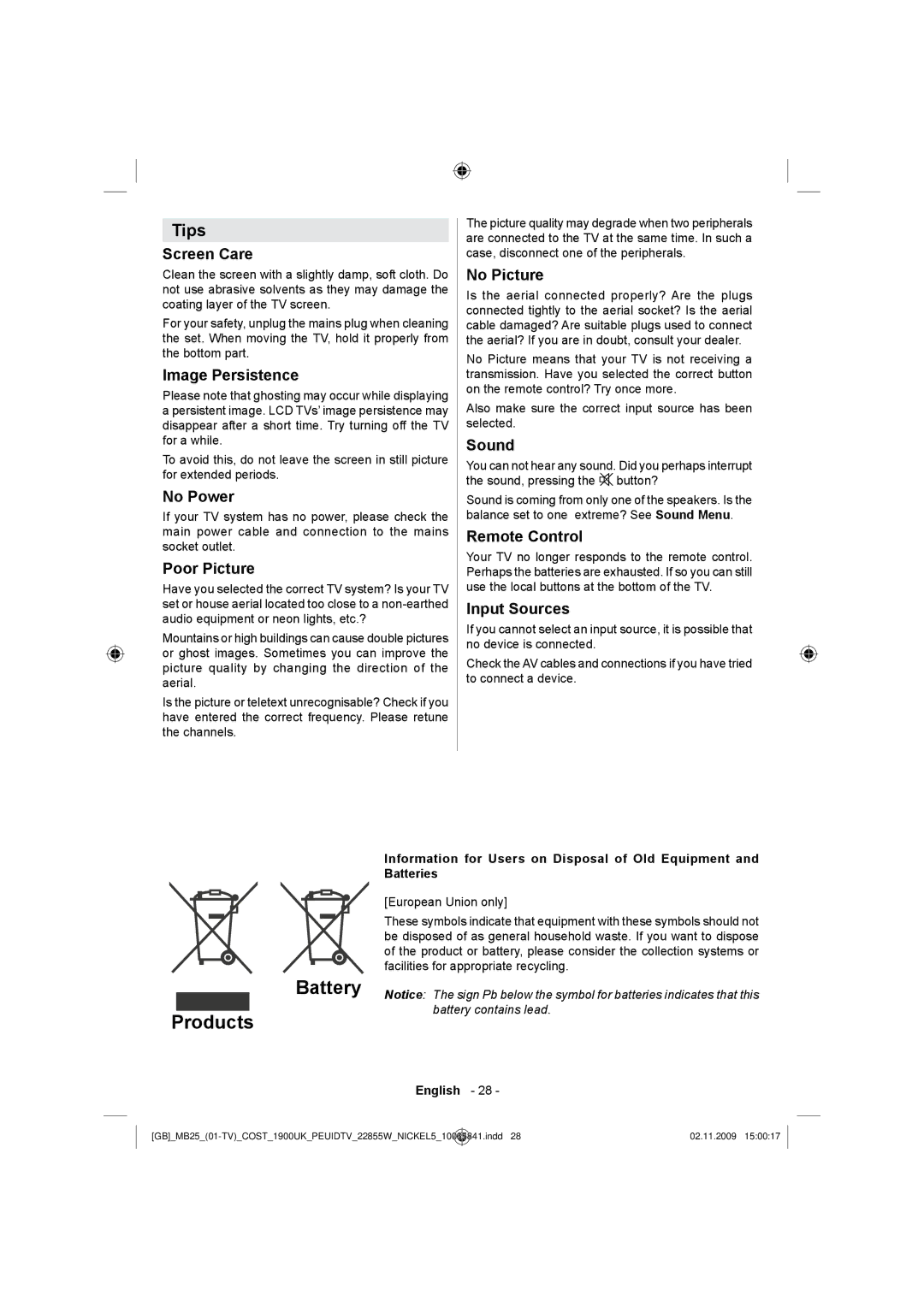 Technika LCD22-921 manual Battery Products, Tips 