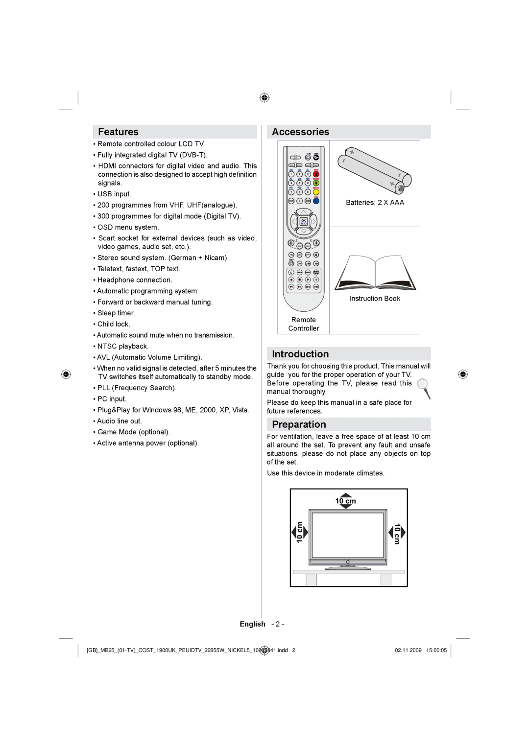 Technika LCD22-921 manual Features, Accessories, Preparation, Introduction 