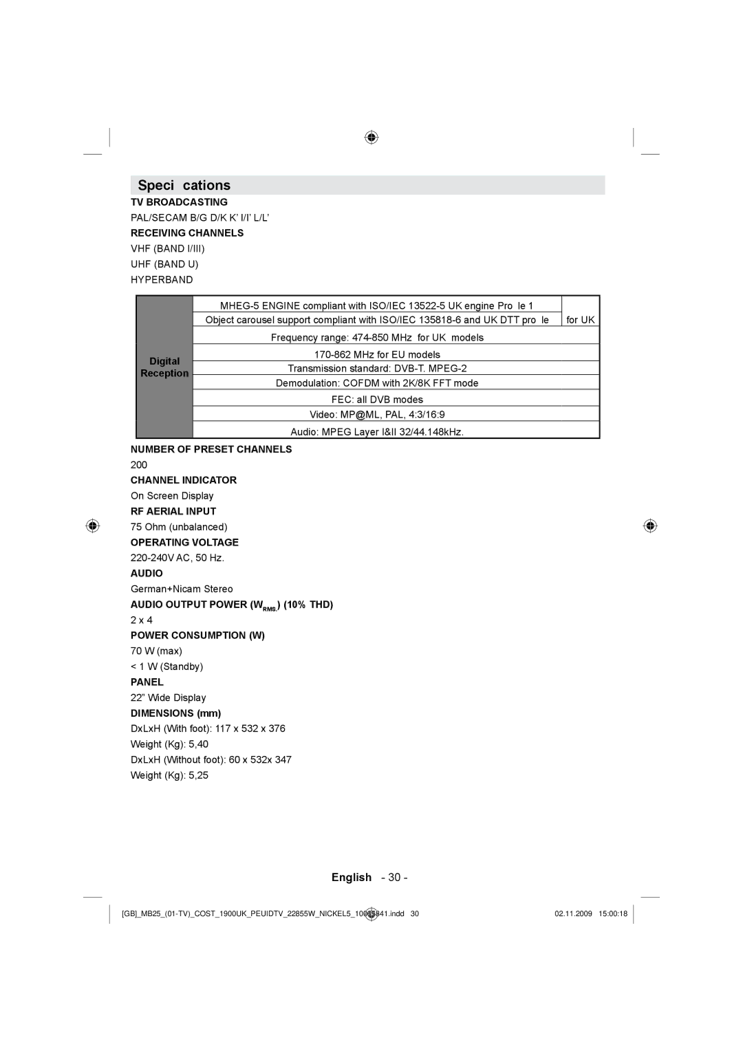 Technika LCD22-921 manual Speciﬁcations, Receiving Channels 