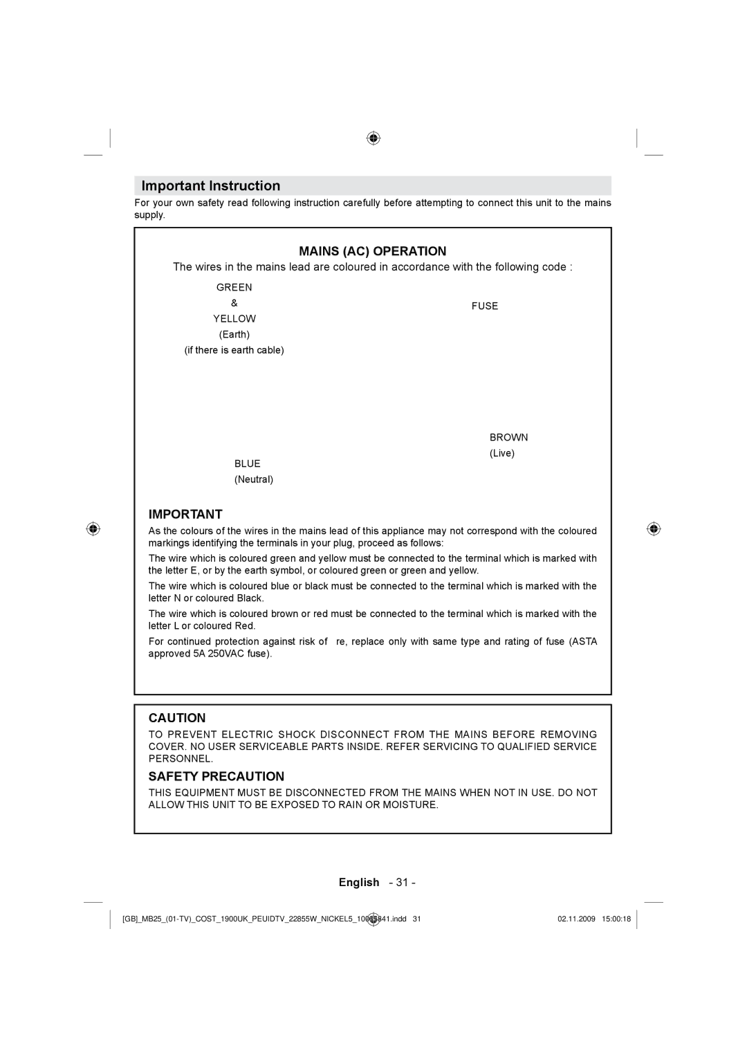 Technika LCD22-921 manual Important Instruction, Mains AC Operation 