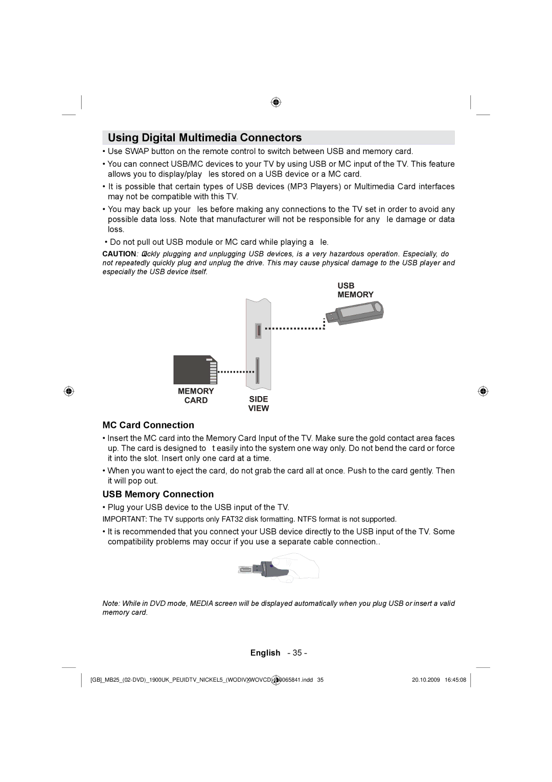 Technika LCD22-921 manual Using Digital Multimedia Connectors, MC Card Connection, USB Memory Connection 