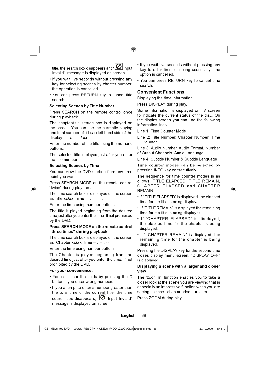 Technika LCD22-921 manual Convenient Functions, Selecting Scenes by Title Number, Selecting Scenes by Time 