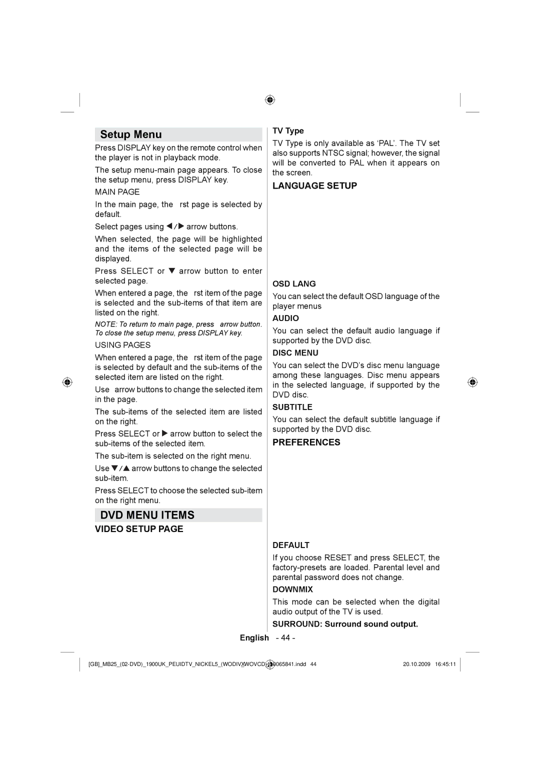 Technika LCD22-921 manual Setup Menu, English TV Type, Surround Surround sound output 