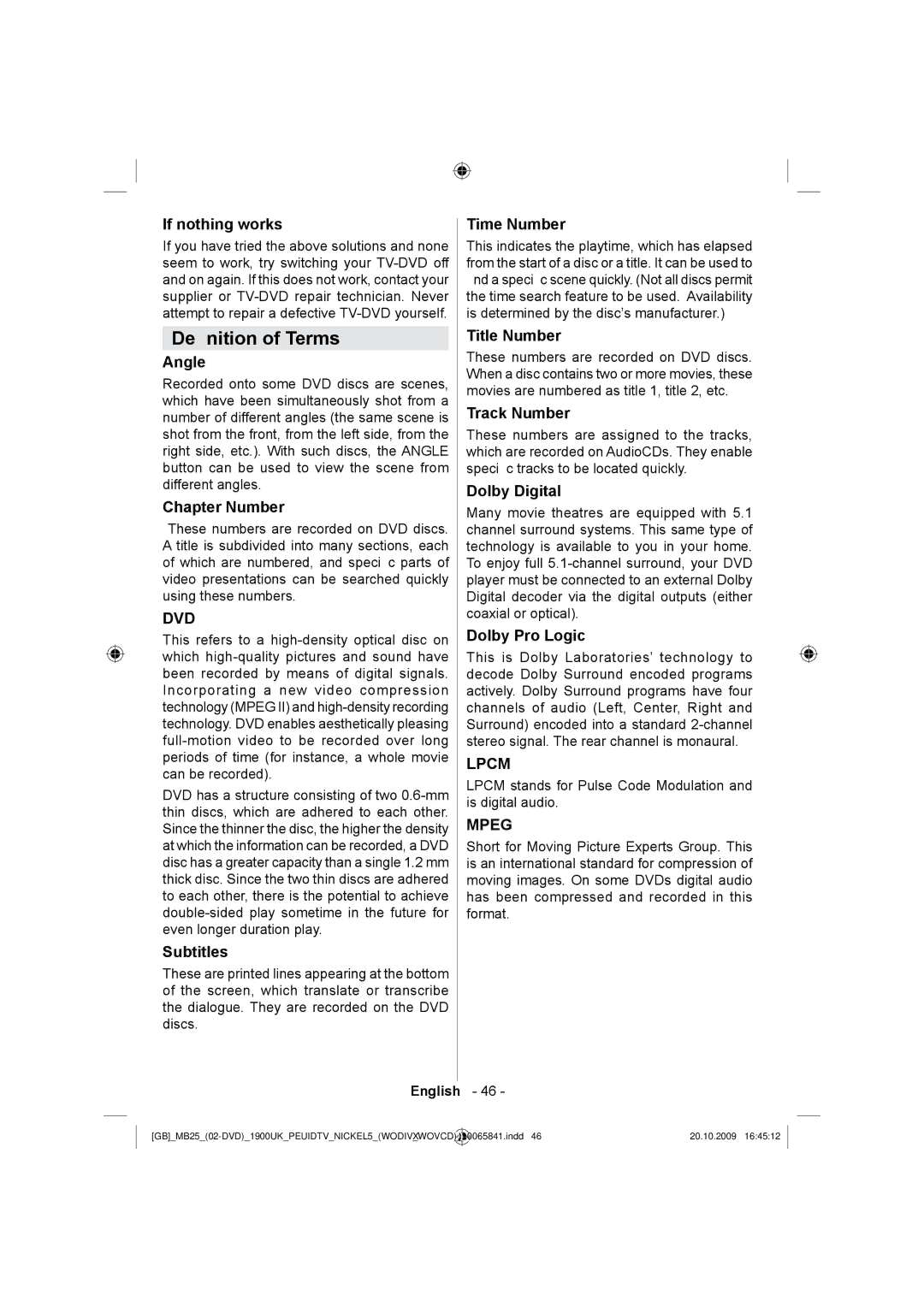 Technika LCD22-921 manual Deﬁnition of Terms 