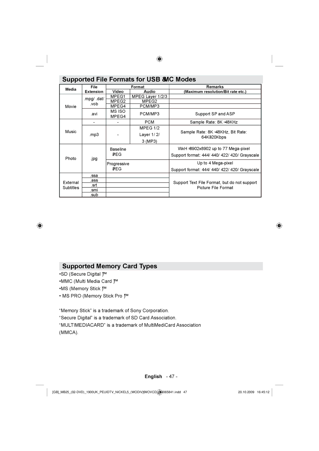 Technika LCD22-921 manual Supported File Formats for USB & MC Modes, Supported Memory Card Types 