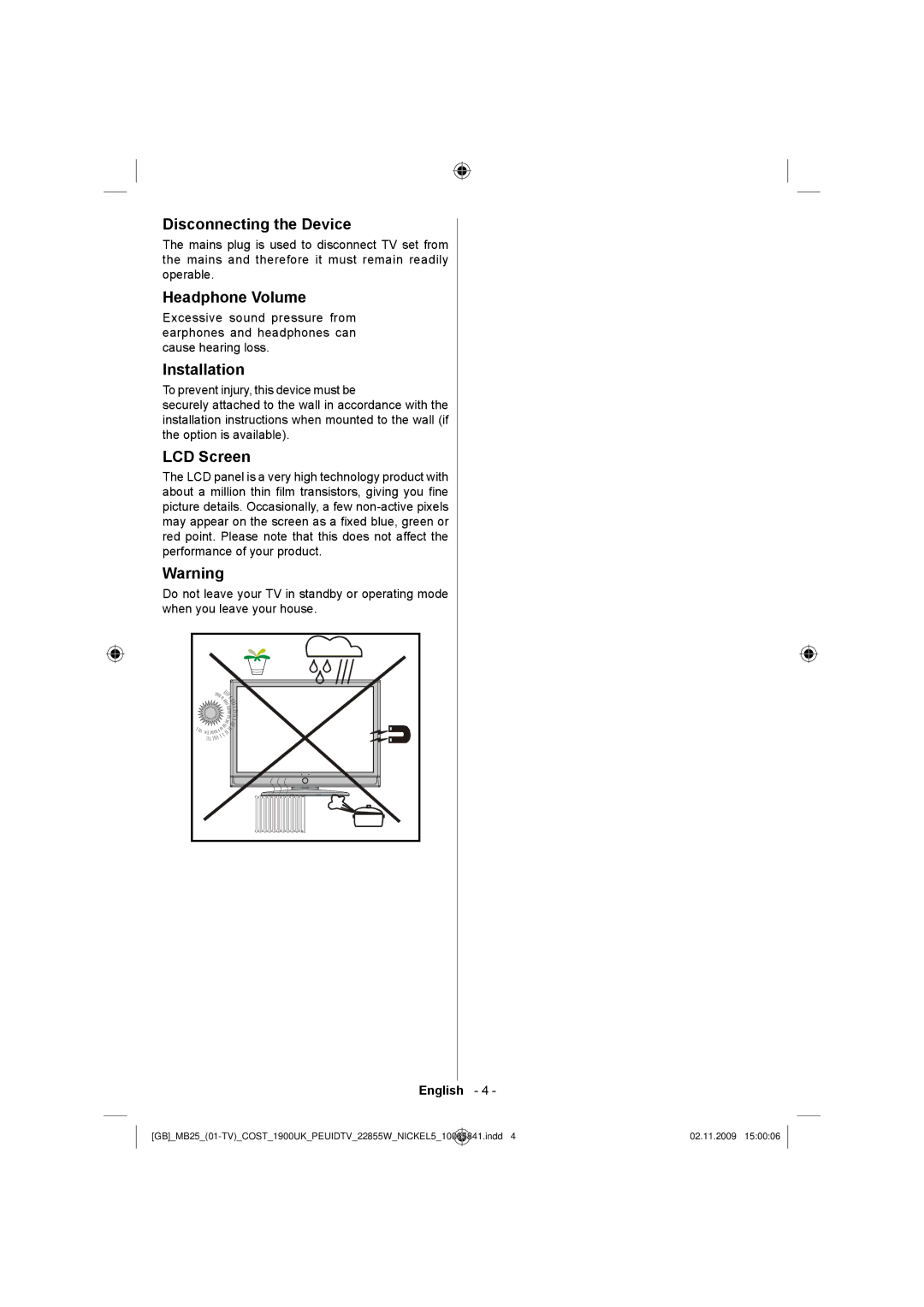 Technika LCD22-921 manual Disconnecting the Device, Headphone Volume, Installation, LCD Screen 