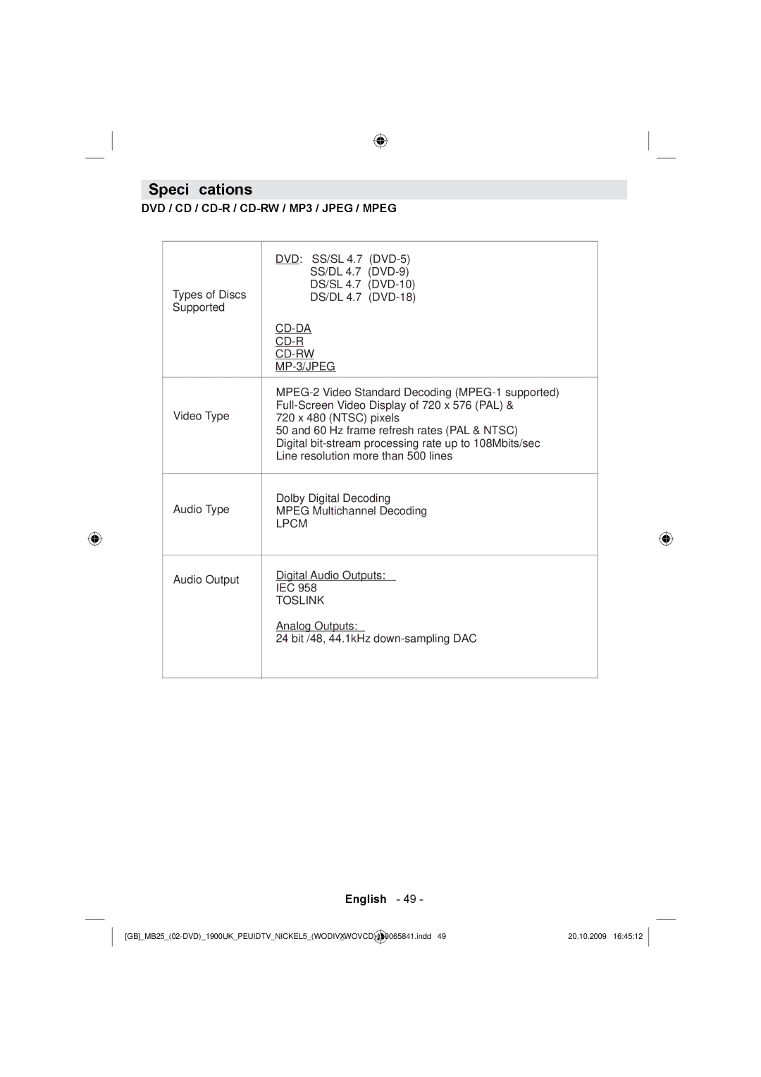 Technika LCD22-921 manual Speciﬁcations, MP-3/JPEG 