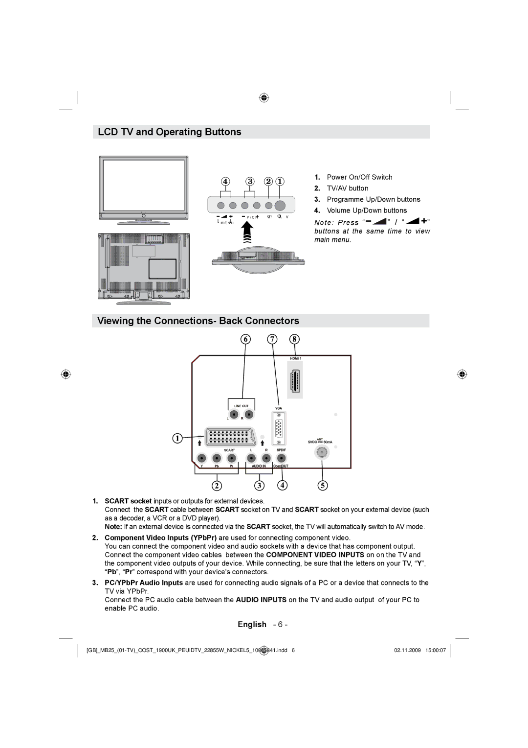 Technika LCD22-921 manual LCD TV and Operating Buttons, Viewing the Connections- Back Connectors 