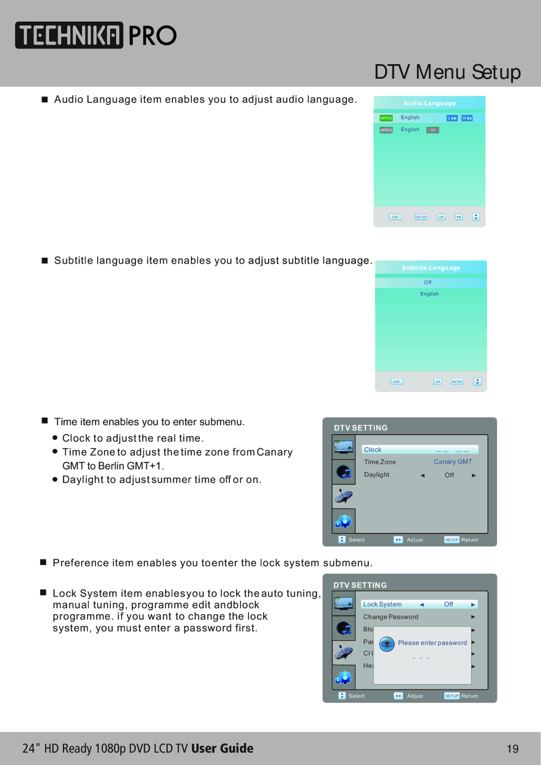 Technika LCD24-620 manual Audio Language item enables you to adjust audio language 