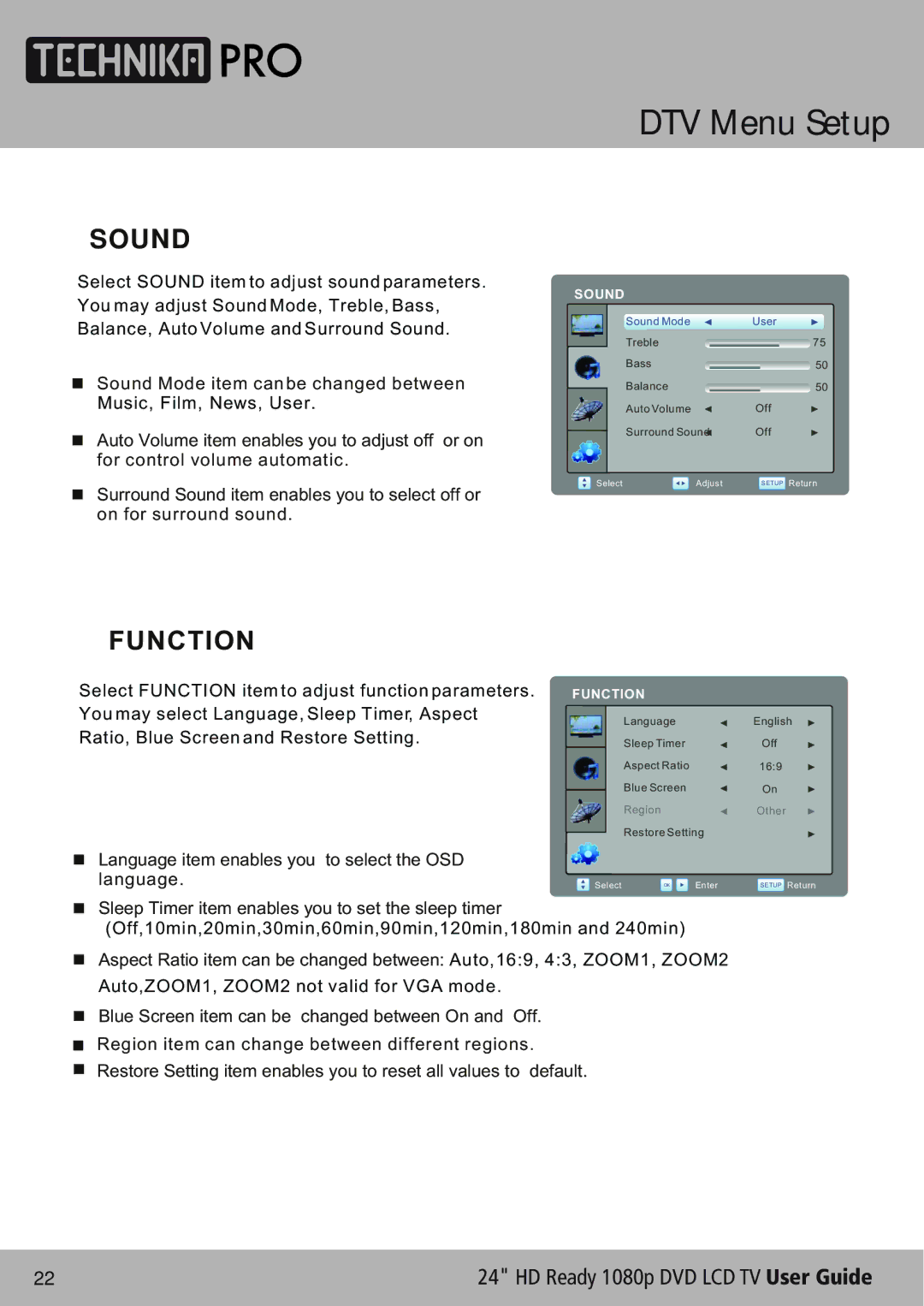 Technika LCD24-620 manual DTV Menu Setup, Sound, Function 