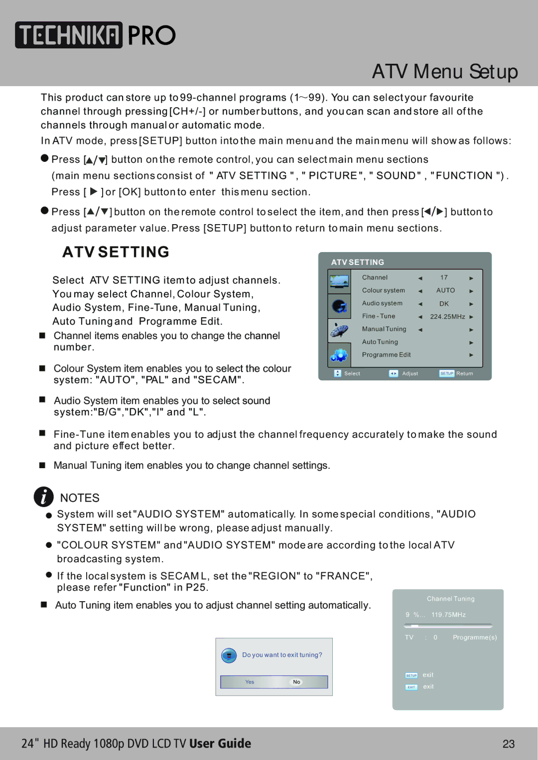 Technika LCD24-620 manual ATV Menu Setup, ATV Setting 