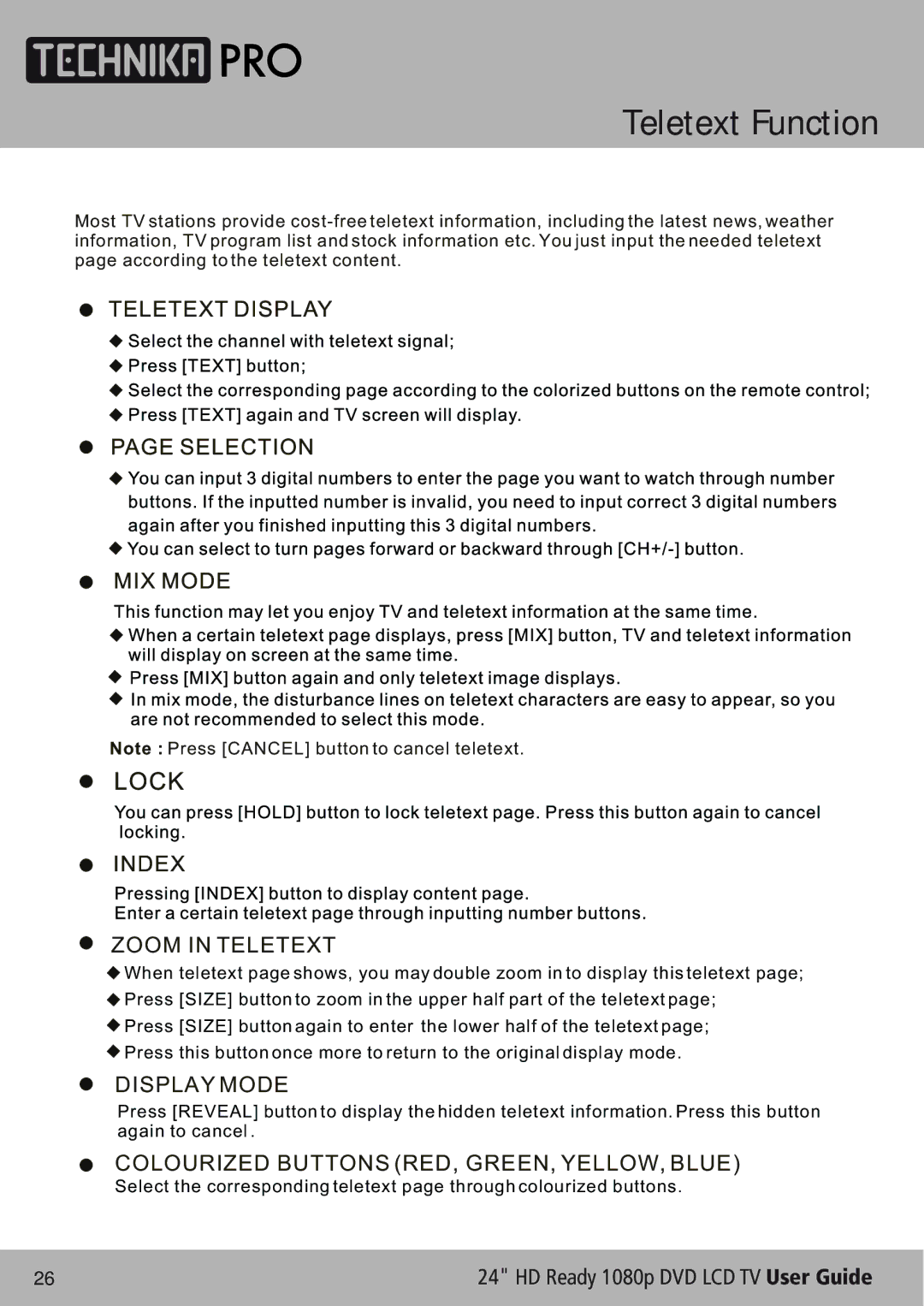 Technika LCD24-620 manual Teletext Function, Zoom in Teletext 