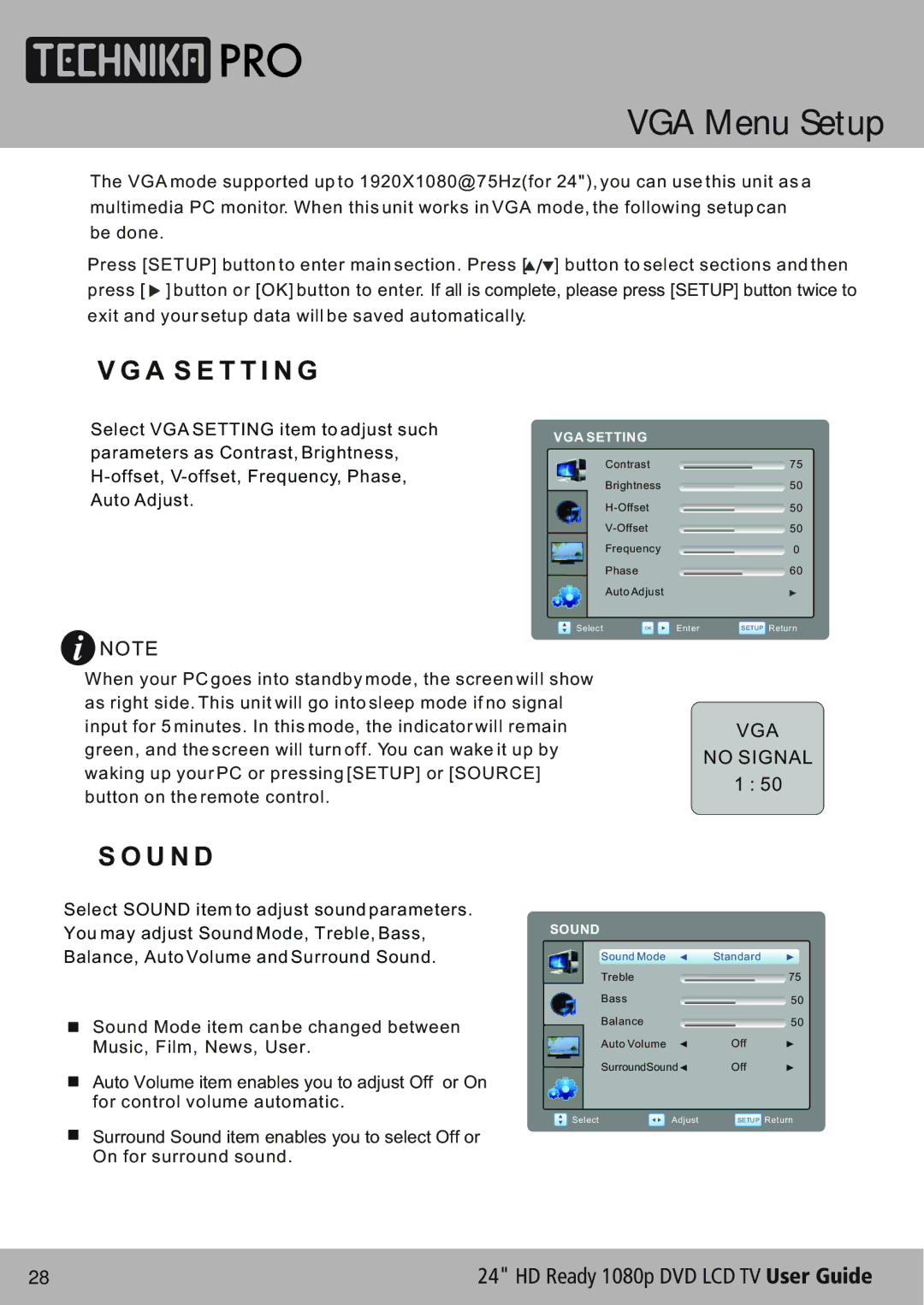 Technika LCD24-620 manual VGA Menu Setup, A S E T T I N G, U N D 