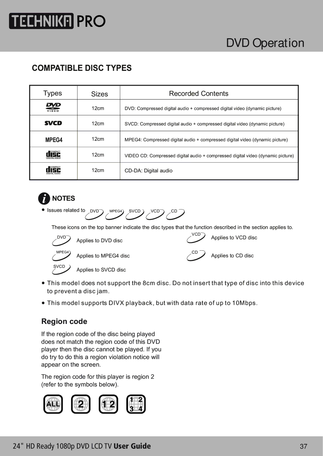 Technika LCD24-620 manual Compatible Disc Types, Types Sizes Recorded Contents 