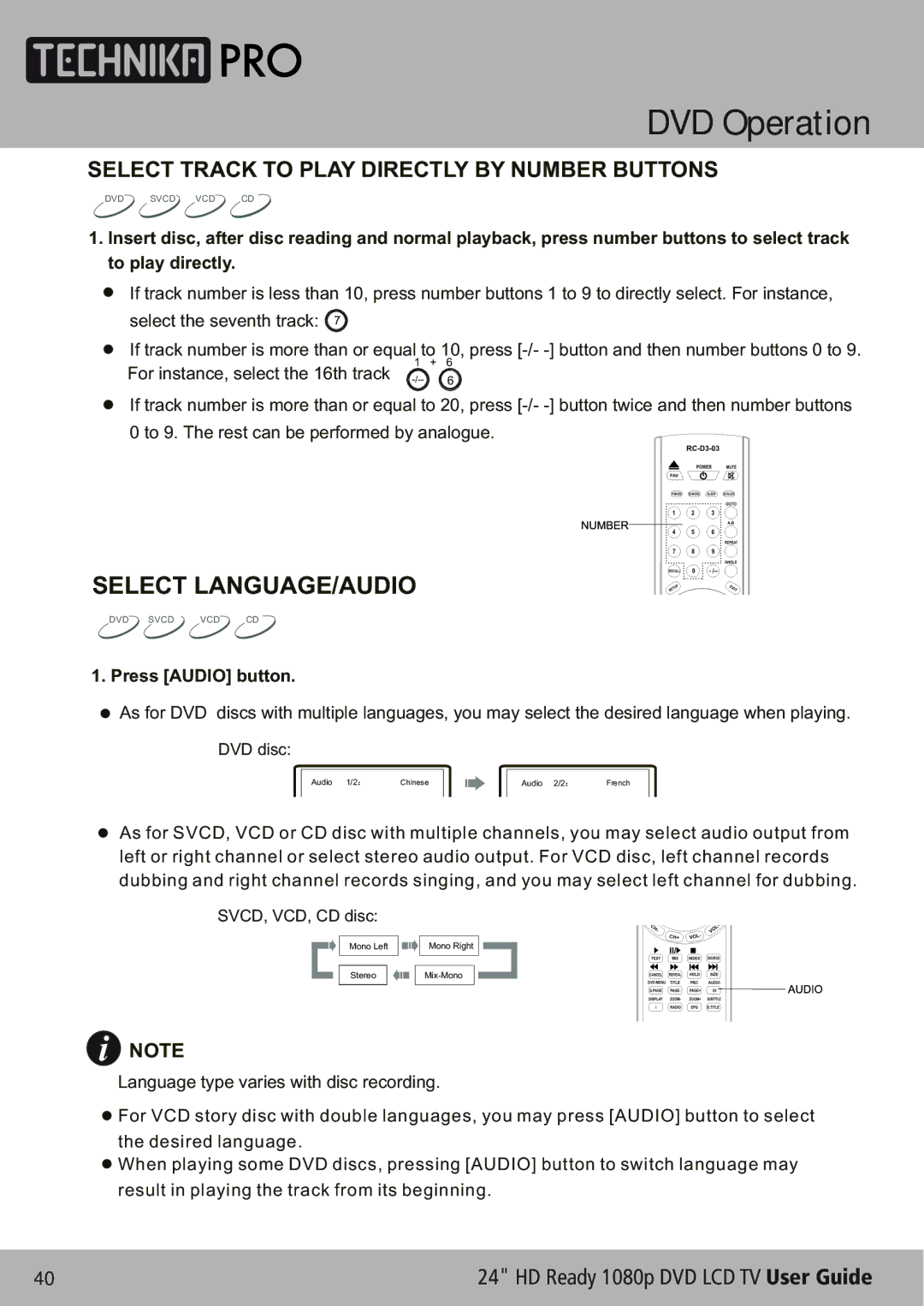 Technika LCD24-620 manual Select LANGUAGE/AUDIO, Select Track to Play Directly by Number Buttons 