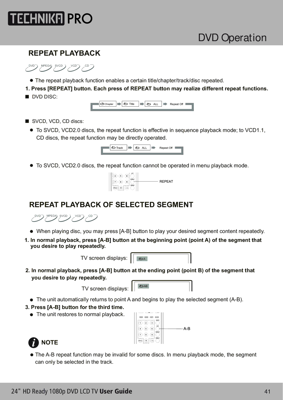 Technika LCD24-620 manual Repeat Playback of Selected Segment 