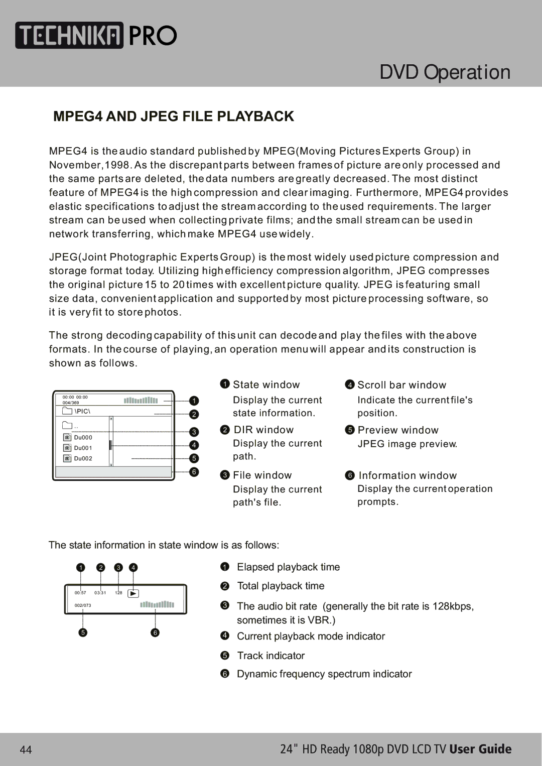Technika LCD24-620 manual MPEG4 and Jpeg File Playback 