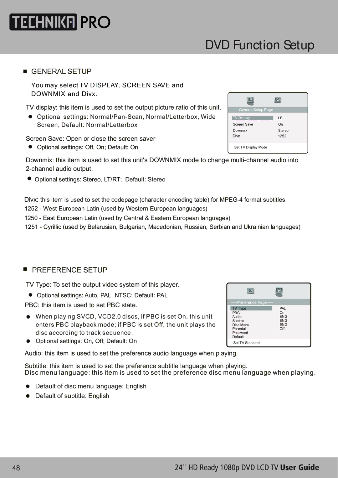 Technika LCD24-620 manual DVD Function Setup, General Setup 